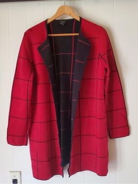 Talbots Women's Long Line Merino Wool Open Front Cardigan Size 1X Red & Black